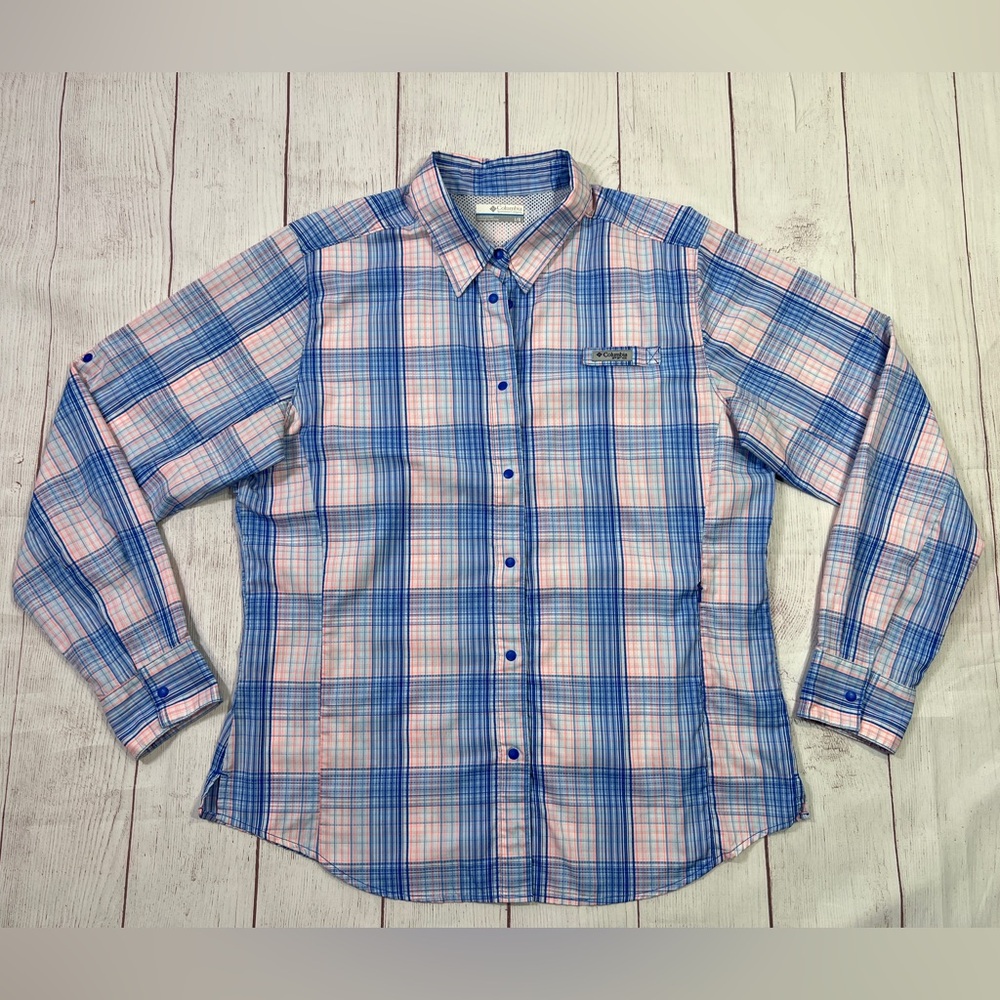 Columbia Women's OmniShade PFG Long Sleeve Shirt - L - blue plaid button down